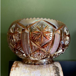 Antique Imperial Marigold Carnival Glass Rose Bowl in Star & File Pattern